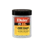 Daisy PrecisionMax clear bottle filled with silver BBs, black cap and red-yellow label