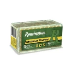 Remington Magnum Rimfire Ammunition, green and gold box in front three-quarter view