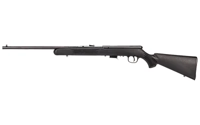 Savage Arms SAV 93 F black rifle, full right-side view with long barrel and synthetic stock