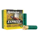 Remington Express Extra Long Range Shotgun Ammo, green and yellow box with two green shells