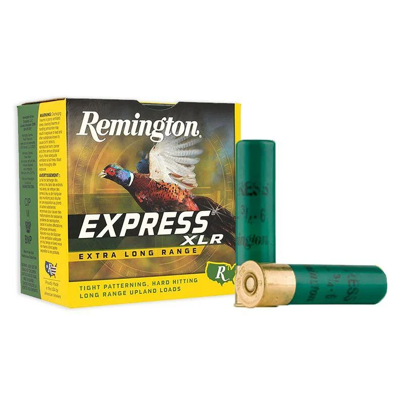 primary-26018 Remington Express Extra Long Range Shotgun Ammo, green and yellow box with two green shells