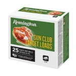Remington Gun Club Target Load Shotshells green and white box, angled front view