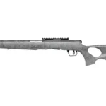 Savage Arms B22 Timberlite, gray and black rifle in right-side view with thumbhole stock and top rail