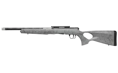 Savage Arms B22 Timberlite, gray and black rifle in right-side view with thumbhole stock and top rail