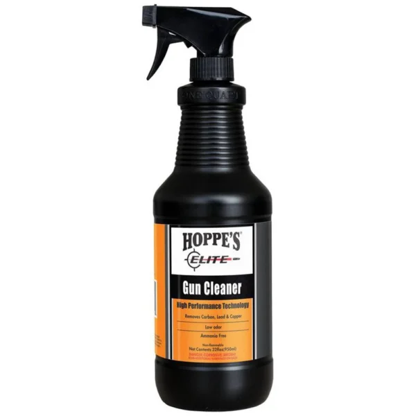 Hoppe's Elite Gun Cleaner, black spray bottle with orange and white front label