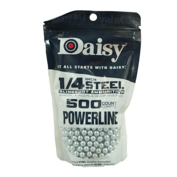 DAISY 1/4 STL SLINGSHOT AMMO 500CT, silver steel balls visible through black and white pouch