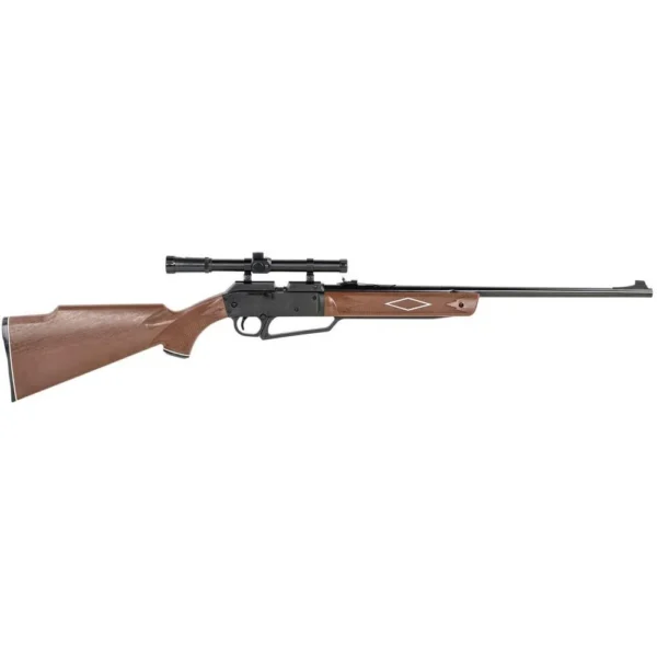 DAISY POWERLINE 880 W/ SCOPE RFL, side view with brown stock, black scope and long barrel