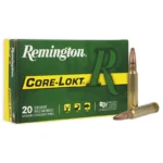 Remington Core-Lokt Rifle Ammunition, green box with two cartridges displayed beside it