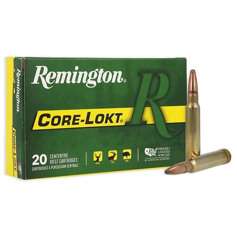primary-26137 Remington Core-Lokt Rifle Ammunition, green box with two cartridges displayed beside it