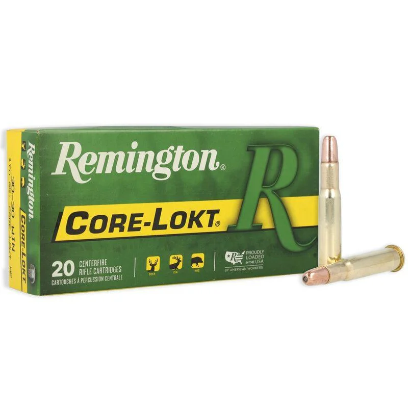 primary-26139 Remington Core-Lokt rifle ammunition green and yellow box with three cartridges, front view