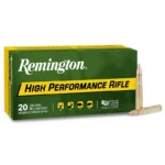 Remington Rifle Ammunition in a green and yellow box with two cartridges beside it