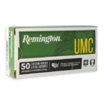 Remington UMC Handgun Ammunition, angled front view of green and white ammunition box