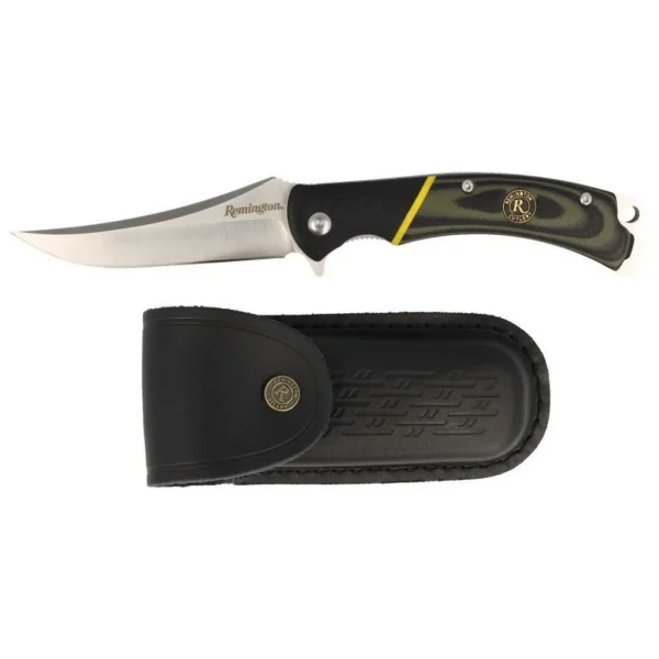 Remington Hunter Folding Knife, green and black handle, open silver blade and black sheath