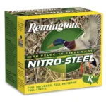 Remington Nitro-Steel Hi-Velocity Magnum Load green and yellow shotshell box, angled front view
