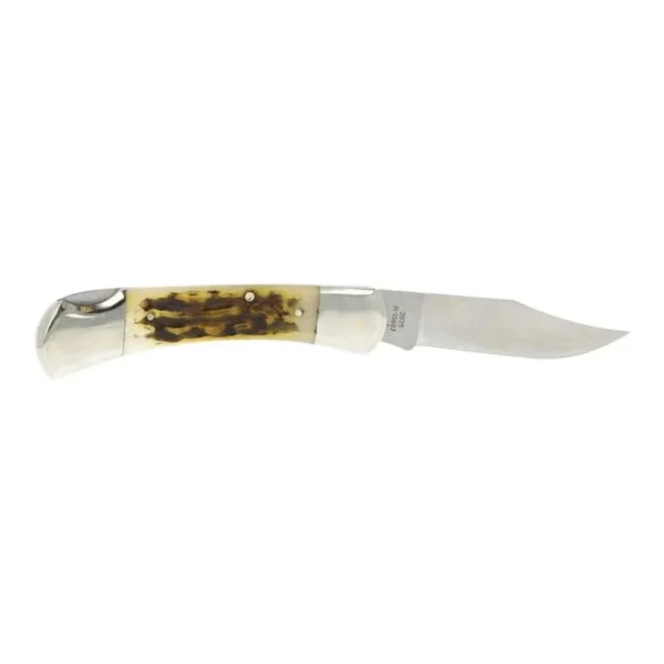 Remington Ole Granddad Bullet Folding Knife open side view with stag handle and silver clip blade