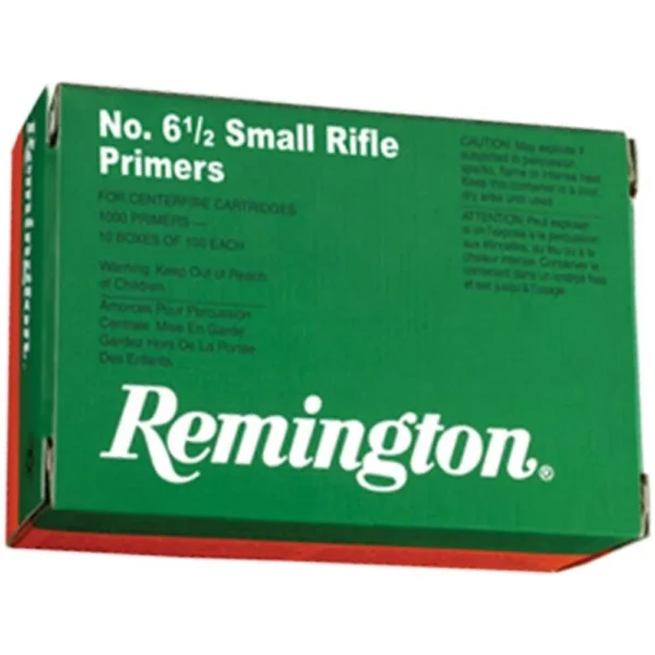 Remington Centerfire Primers, front view of green and red No. 6-1/2 Small Rifle Primers box