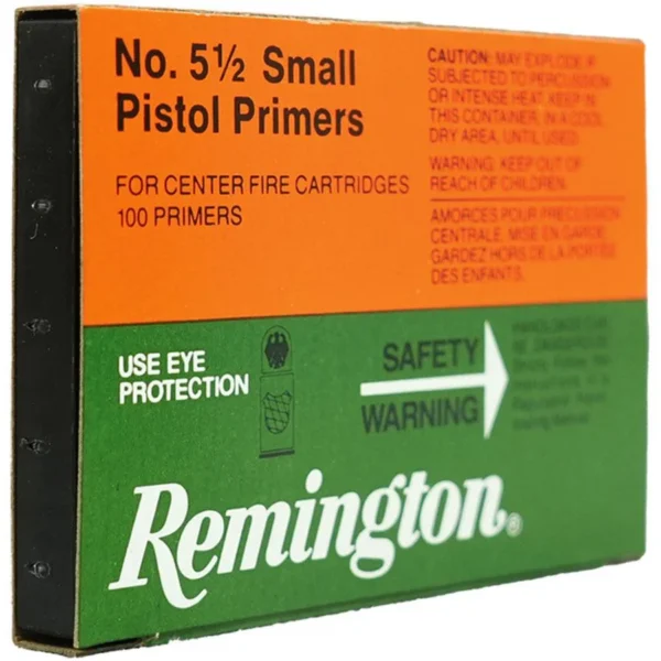 Remington Centerfire Primers 5-1/2 Small Pistol 1000/ct orange, green and black box, front view
