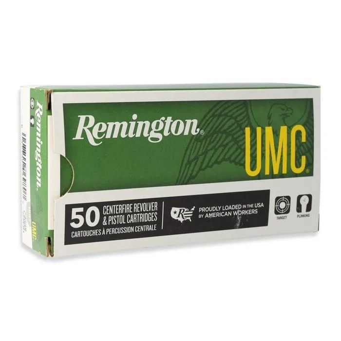 primary-26208 Remington UMC Handgun Ammunition green and white box, front and left side view