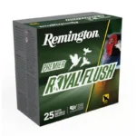 Remington Premier Royal Flush Shotshells, angled front view of green ammunition box