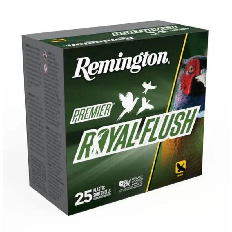 primary-26246 Remington Premier Royal Flush Shotshells, angled front view of green ammunition box