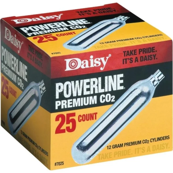 Daisy #7025 CO2 Cylinders, red, black and yellow 25-count retail box in front-right view
