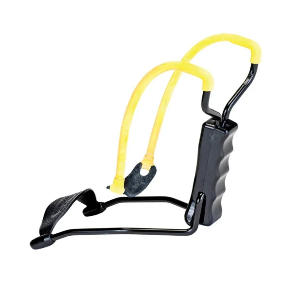 Daisy B52 Slingshot, black frame with yellow bands, grip and wrist brace in angled view