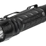 Streamlight PolyTac 1X USB, black flashlight in front angled view with pocket clip