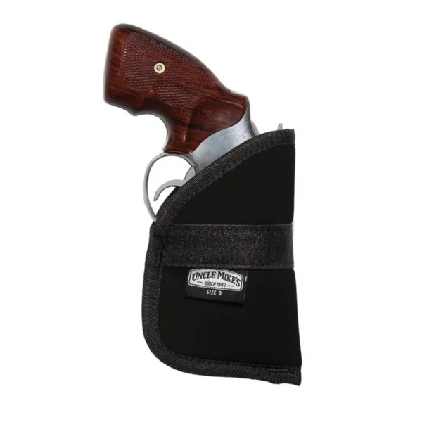 Uncle Mike's U/M Inside Pocket Holster Size 3, black front view holding a wood-grip revolver