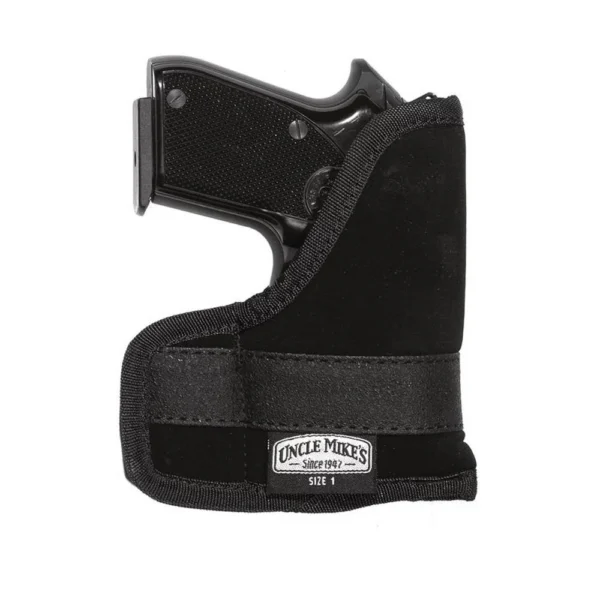 Uncle Mike's U/M Inside Pocket Holster Size 1, black front view holding a compact handgun