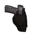 Uncle Mike's U/M Amb Hip Holster with Pouch Size 16, black front view with handgun and strap