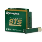 Remington Premier STS Target green ammunition box with one green shell, front view