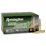 Remington Premier AccuTip Varmint Rifle Ammunition, green box with three cartridges displayed