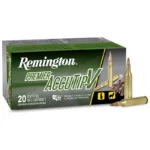 Remington Premier AccuTip Varmint green ammunition box with two cartridges displayed in front