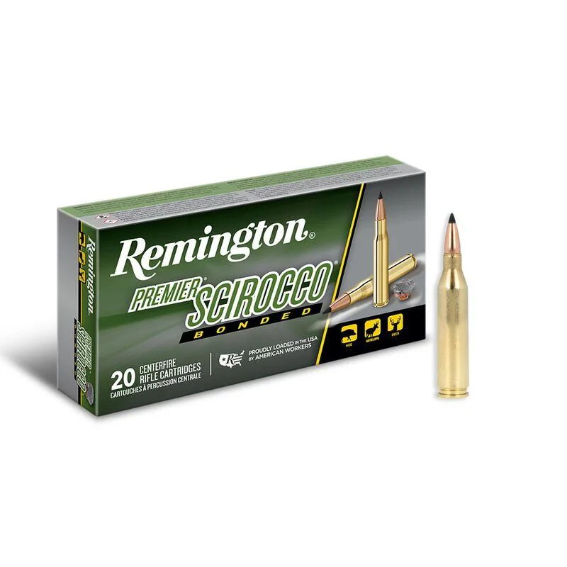 primary-26466 Remington Premier Scirocco, green ammunition box with two brass cartridges