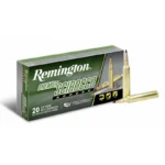 Remington Premier Scirocco Rifle Ammunition, green and black box with two cartridges beside it