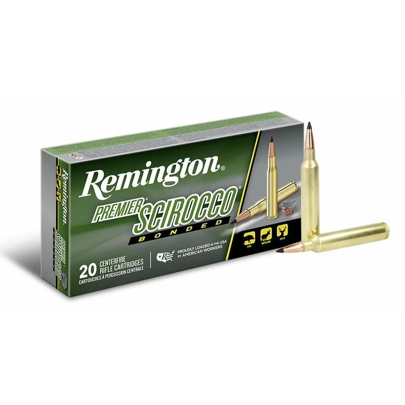 primary-26490 Remington Premier Scirocco Rifle Ammunition, green and black box with two cartridges beside it