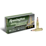 Remington Premier Scirocco green ammunition box with two brass cartridges beside it