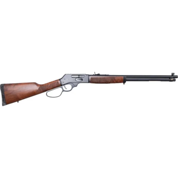 Henry Steel Lever Action Large Loop Rifle, side view with walnut stock and black barrel