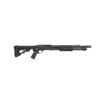 Mossberg MSBRG 590R, black shotgun in side view with adjustable stock and pistol grip