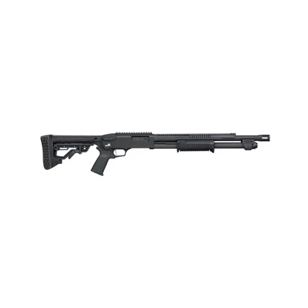Mossberg MSBRG 590R, black shotgun in side view with adjustable stock and pistol grip