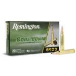 Remington Core-Lokt Tipped ammunition box with three brass cartridges, front view