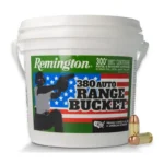 Remington UMC Range Bucket Handgun Ammunition, white labeled bucket with two cartridges