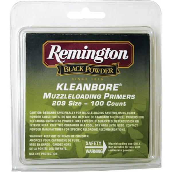 Remington Kleanbore muzzleloading primers, front view in clear hanging blister pack