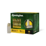 Remington Golden Saber Defense Ammunition, green box with one cartridge standing beside it