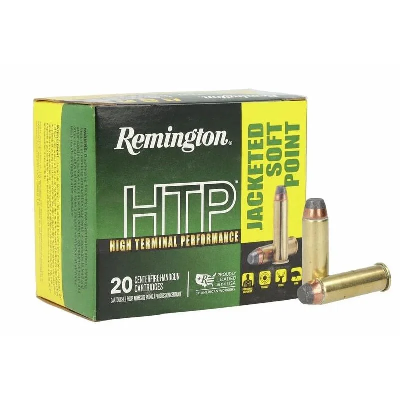 primary-26628 Remington HTP Handgun Ammunition, green and yellow box with two cartridges