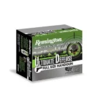 Remington Ultimate Defense Handgun Ammunition, angled view of green, black and silver box