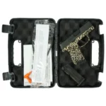 Sig Sauer P365 Leopard Print Optic Ready Handgun, right-side view in open black case with magazines
