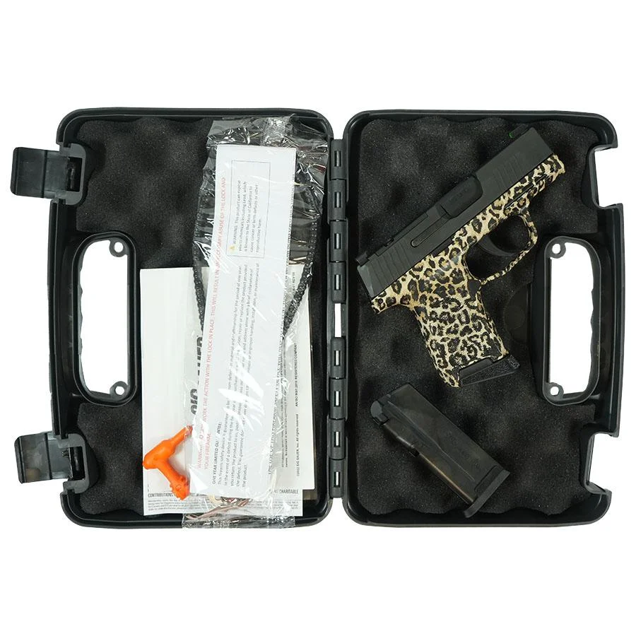 primary-2664 Sig Sauer P365 Leopard Print Optic Ready Handgun, right-side view in open black case with magazines