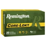 Remington Core-Lokt green and yellow ammunition box, front three-quarter view