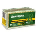 Remington Magnum Rimfire Ammunition, green and yellow clear plastic box in angled front view
